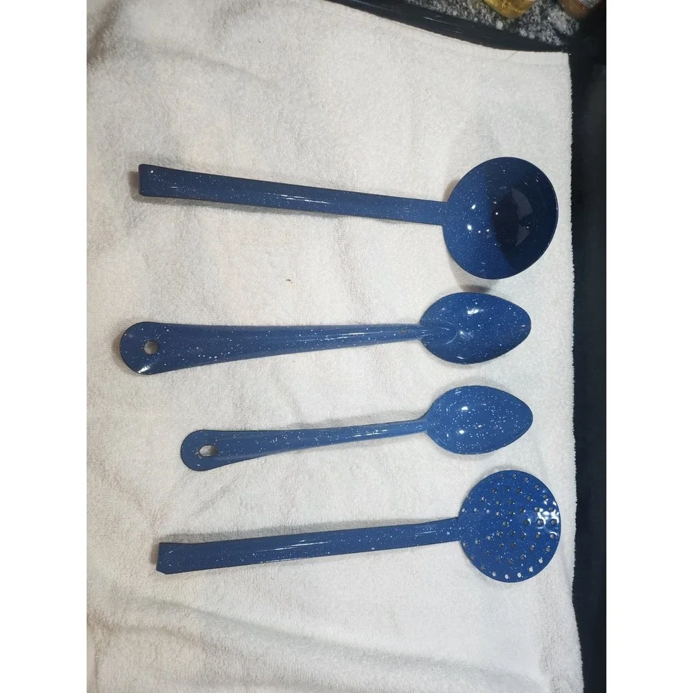 Vintage~Enamel lot~chuckwagon~blue metal splatterware~Skimmer~ Ladle~2 Spoons